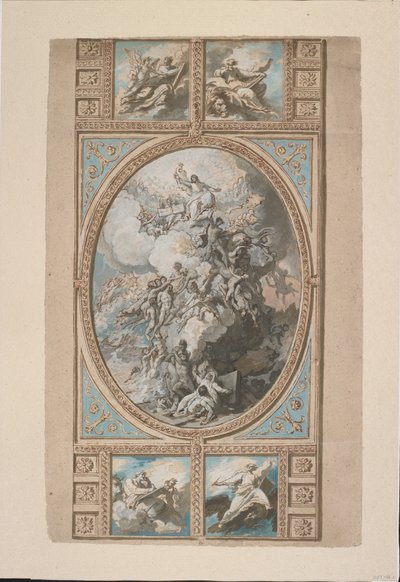 Design för takdekorationen av Royal Chapel, Windsor Castle (recto), c.1779 (svart krita, penna & brunt bläck & akvarell, förhöjd med inslag av vit, grå & blå kroppsfärg & brun tvätt av Benjamin West