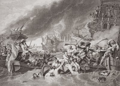 Slaget vid La Hogue, förstörelse av den franska flottan, 22 maj 1692, från "Illustrationer av engelsk och skotsk historia" volym II av Benjamin West