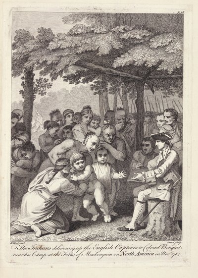 Indianerna överlämnade de engelska fångarna till överste Bouquet nära hans läger vid Forks of Muskingham i Nordamerika i november 1764 av Benjamin West