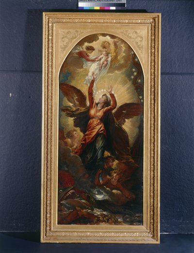Kvinnan klädd i solen flyr från drakens förföljelse av Benjamin West