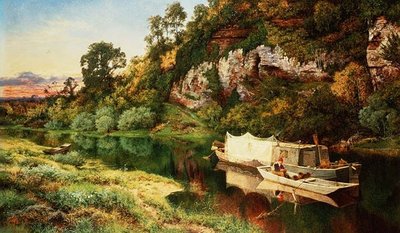 Ett flodlandskap med en fiskare som gör ålfällor av Benjamin Williams Leader