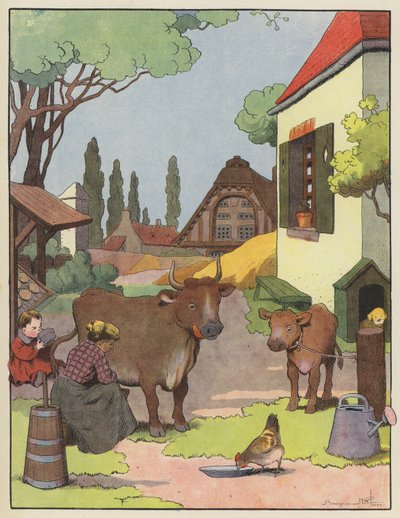 Kvinna som mjölkar en ko på en gård av Benjamin Rabier