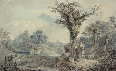 Landskap med figurer och boskap av Benjamin attr. to Barker