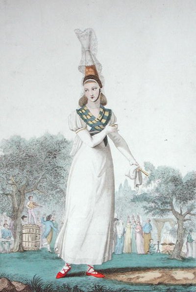 En Cauchoise i traditionell kostym för högtidsdagar, graverad av Gatine c.1830 (färg litho) av Benoit (after) Pecheux