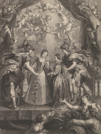 Plåt 17: Utbytet av de två prinsessorna i Hendaye, allegorisk scen med Anne av..., 1707-10 av Benoit Audran I