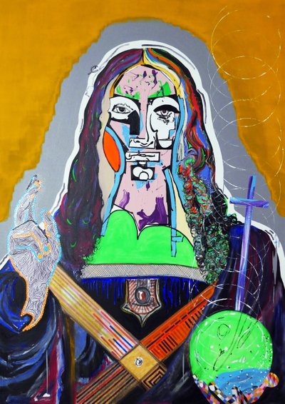 Surpeinture : Salvator Mundi, 2020 (olja, papper och akryl på duk) av Benoit Erwann Boucherot