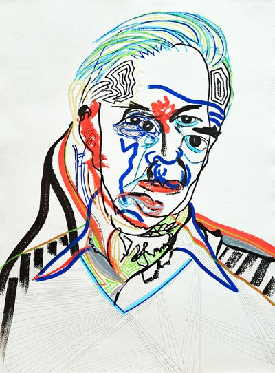 Surportrait : Hans J. Wegner, 2022 (akryl på papper) av Benoit Erwann Boucherot