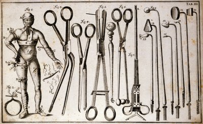 Olika typer av pincett och kirurgiska instrument. En man som bär olika typer av turneringar och bandage. Operationsplatta illustrerad av Benoist Louis Prevost (1735-1809). 1700-talet av Benoit Louis Prevost