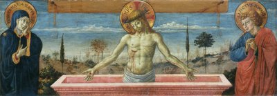 Gozzoli - Kristus, smärtornas man, mellan Jungfru Maria och Johannes evangelisten, ca 1450 av Benozzo Gozzoli