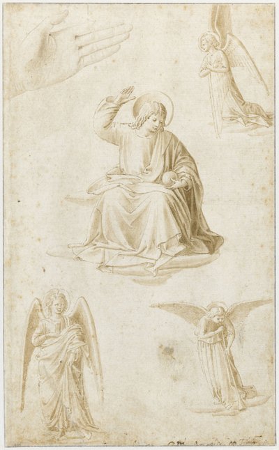 Studier av en hand, tre änglar och Kristus som Salvator Mundi, 1400-talets andra hälft av Benozzo Gozzoli