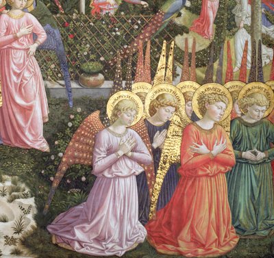 Änglar i ett himmelskt landskap på den vänstra väggen i apsis, från cykeln med de vises resa i kapellet, ca 1460 (detalj av 70610) av Benozzo di Lese di Sandro Gozzoli