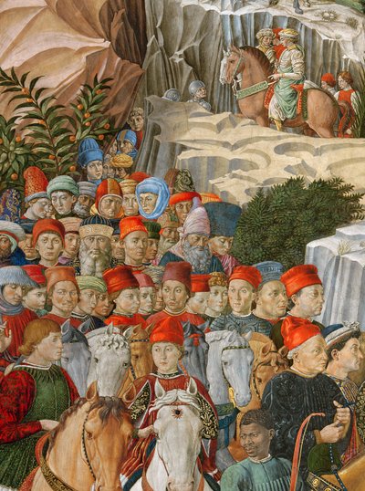Ansikten i processionen, inklusive ett självporträtt av Gozzoli (bärande en röd mössa med guldinskriptionen: Opus Benotii), detalj från cykeln Journey of the Magi i kapellet, ca 1460 (d. av Benozzo di Lese di Sandro Gozzoli