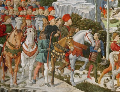 Galeazzo Maria Sforza, hertig av Milano (1444-76), extrem vänster, på en brun häst och Sigismondo Pandolfo Malatesta, härskare över Rimini (1417-68) bredvid honom på en grå häst, detalj från M:ets resa av Benozzo di Lese di Sandro Gozzoli