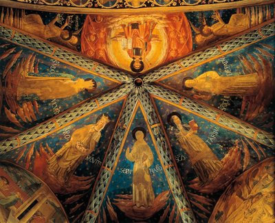 Italien, Montefalco, Absidvalv av Saint Francis Church Målad med helgon av Benozzo di Lese di Sandro Gozzoli