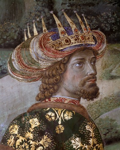 The Journey of the Magi Cortege of the Magi of Jerusalem to Betlehem kallar på italienska "Viaggio dei Magi" eller "Cavalcata dei Magi" Detalj av Balthasar under egenskaperna hos Johannes VIII paleolog, bysantinsk kejsare (John VII Palaiologos (eller Palae av Benozzo di Lese di Sandro Gozzoli