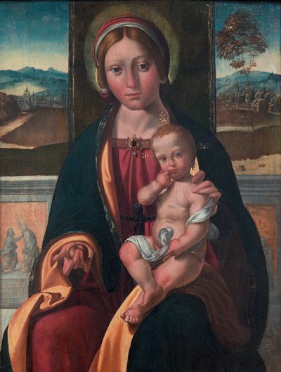 Dansk:  Madonna med Barnet Jungfru Maria och barnet av Benvenuto Tisi