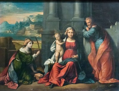 Heliga familjen (olja på duk) av Benvenuto Tisi da Garofalo