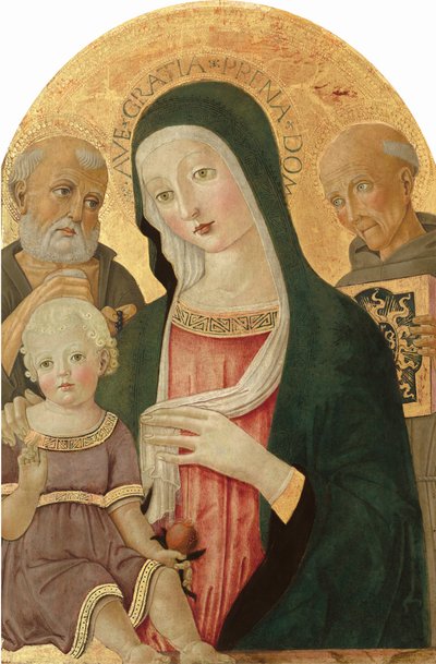 Madonna och barn med Saint Hieronymus och Saint Bernardino av Siena, ca. 14801485. av Benvenuto di Giovanni
