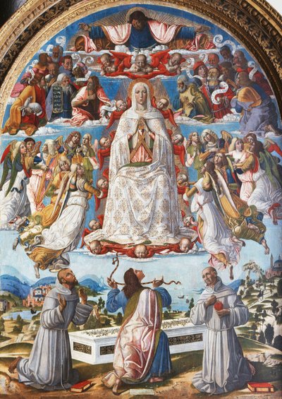 Jungfruns antagande med Sankt Thomas som tar emot gördeln mellan de heliga Franciskus av Assisi och Antonius av Padua, 1480-talet av Benvenuto di Giovanni