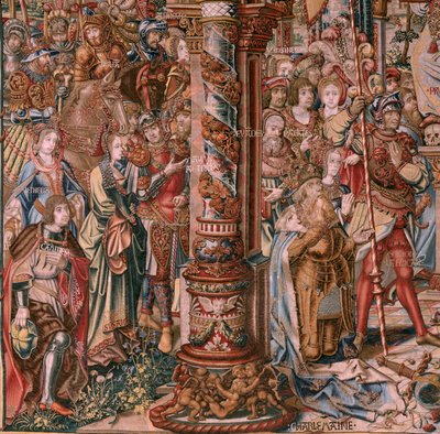 flamländsk gobeläng. Serien The Honours. Tro (La Fe). Första gobelängen i serien. Modelltecknare från Bernard van Orleys och Jan Gossaerts krets (Mabuse). Tillverkning Pieter van Aelst, Bryssel. Ca 1550. Tyg Guld, silver, siden och ull. av Bernaert van (circle of) Orley