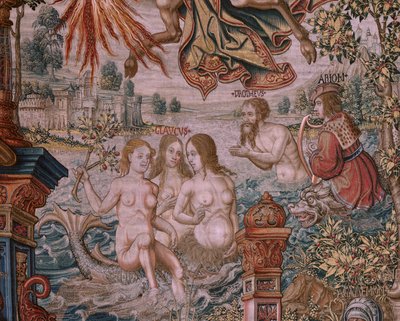 flamländsk gobeläng. Serien The Honours. Fame (La Fama). Tredje tapeten i serien. Modelltecknare från Bernard van Orleys och Jan Gossaerts krets (Mabuse). Tillverkning Pieter van Aelst, Bryssel. Ca 1550. Tyg Guld, silver, siden och ull. av Bernaert van (circle of) Orley