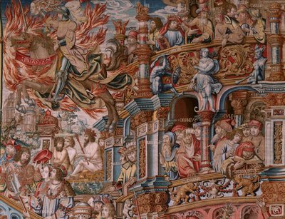 flamländsk gobeläng. Serien The Honours. Fame (La Fama). Tredje tapeten i serien. Modelltecknare från Bernard van Orleys och Jan Gossaerts krets (Mabuse). Tillverkning Pieter van Aelst, Bryssel. Ca 1550. Tyg Guld, silver, siden och ull. av Bernaert van (circle of) Orley