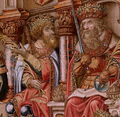 flamländsk gobeläng. Serien The Honours. Honor (El Honor). Andra gobeläng i serien. Modelltecknare från Bernard van Orleys och Jan Gossaerts krets (Mabuse). Tillverkning Pieter van Aelst, Bryssel. Ca 1550. Tyg Guld, silver, siden och ull. av Bernaert van (circle of) Orley