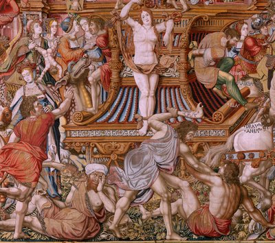 flamländsk gobeläng. Serien The Honours. Infamy (La Infamia). Sjätte gobelängen i serien. Modelltecknare från Bernard van Orleys och Jan Gossaerts krets (Mabuse). Tillverkning Pieter van Aelst, Bryssel. Ca 1550. Tyg Guld, silver, siden och ull. av Bernaert van (circle of) Orley