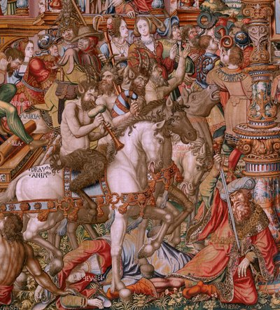 flamländsk gobeläng. Serien The Honours. Infamy (La Infamia). Sjätte gobelängen i serien. Modelltecknare från Bernard van Orleys och Jan Gossaerts krets (Mabuse). Tillverkning Pieter van Aelst, Bryssel. Ca 1550. Tyg Guld, silver, siden och ull. av Bernaert van (circle of) Orley