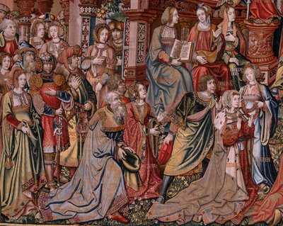 flamländsk gobeläng. Serien The Honours. Rättvisa (La Justicia, Los Honores). Nionde gobeläng i serien. Modelltecknare från Bernard van Orleys och Jan Gossaerts krets (Mabuse). Tillverkning Pieter van Aelst, Bryssel. Ca 1550. Tyg Guld, silver, av Bernaert van (circle of) Orley