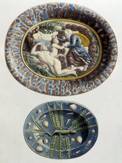 Gud skapar Eva av Adams lår; Lizard - Keramiska fat, i "The work of Bernard Palissy" av C. Delange och C. Borneman, Paris av Bernard (after) Palissy
