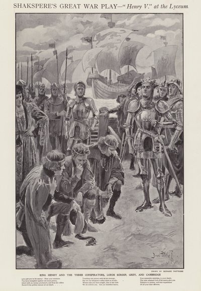 Scen från en produktion av Shakespeares Henry V på Lyceum Theatre, London (litho) av Bernard (after) Partridge