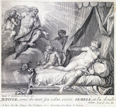 Jupiter (Zeus) bränner Semele med sin blixt. Gravyr av 1700-talet efter teckningen av B. Picart gjord 1708. av Bernard (after) Picart