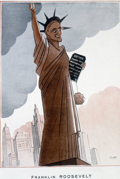 Tecknad av Franklin Roosevelt i Frihetsgudinnan - Illustration av Bernard Becan (Bernhard Kahn) (1890-1943) I "" Fantasio""" från 1932-12-01 av Bernard Becan