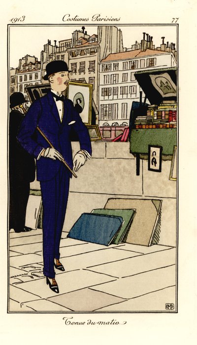 Man i kostym, bowlerhatt och käpp går förbi bokhandlare på Seine. Morgon outfit. Handfärgad pochoir (stencil) etsning efter en illustration av Bernard Boutet de Monvel från Tommaso Antonginis Journal des Dames et des Modes, Aux Bureaux du Journa av Bernard Boutet de Monvel