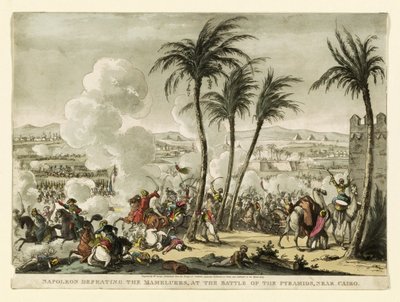 Napoleon besegrar mamelukerna i slaget vid pyramiderna, nära Kairo, graverad av George Cruikshank (1769-1823), pub. 1823 (handkolorerat gravyr) av Bernard Edouard Swebach