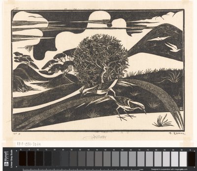 Två fasaner i ett kuperat landskap av Bernard Essers (signed by artist)