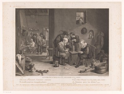 Värdshusinteriör med kortspelande figurer Les Francs Maçons Flamands en Loge (titel på objekt) av Bernard François Lépicié