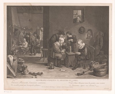 Värdshusinteriör med kortspelande figurer Les Francs Maçons Flamands en Loge (titel på objekt) av Bernard François Lépicié