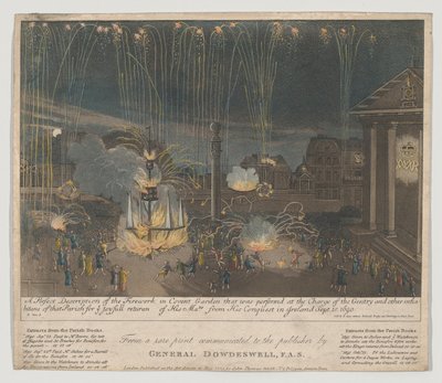 Fyrverkerier i Covent Garden, 1809 (etsning och akvatint, handfärgad) av Bernard II Lens