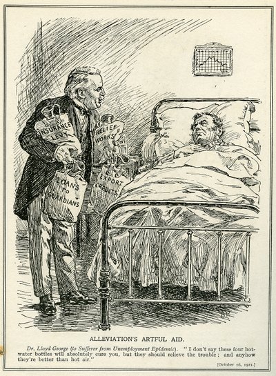 Dr Lloyd George föreslår att man ska bota den drabbade från arbetslöshetsepidemin med fyra varmvattenflaskor, "Insurance Levy", "Relief Works", "Loans" och "Export Credits" av Bernard John Partridge