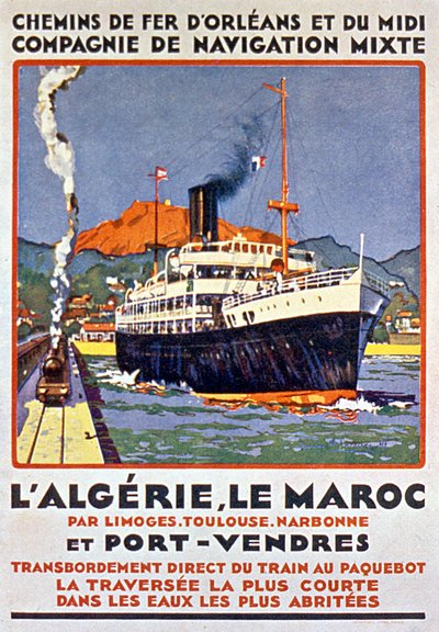 Reklamaffisch för fransk järnväg som går till Algeriet och Marocko från Frankrike via Limoges Toulouse Narbonne och Port Vendres ca 1900 av Bernard Lachevre