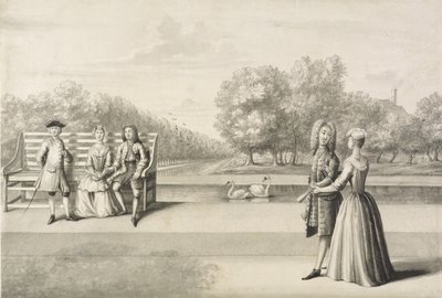 Figurer på stranden av Long Water, Hampton Court Palace (grå tvätt med penna och bläck över penna på papper) av Bernard Lens