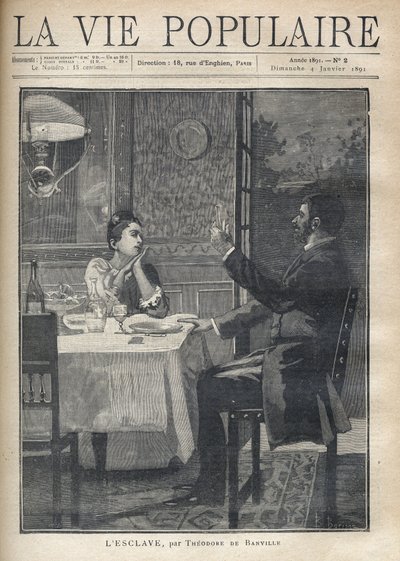 En kvinna lyssnar kärleksfullt och med beundran på talet av mannen som sitter framför henne på en middag som ett par. Illustrationen av B. Borione av "Slaven" av Theodore de Banville (1823-1891). Gravyr från 1891 i "La vie populaire". menig överste av Bernard Louis Borione