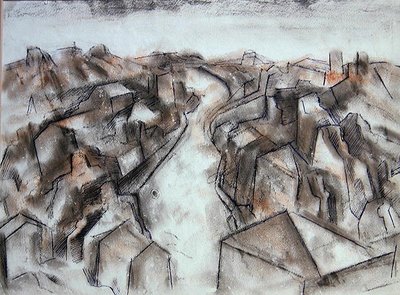 A Quiet Street (färgad kritatvätt med blått bläck) av Bernard Meninsky