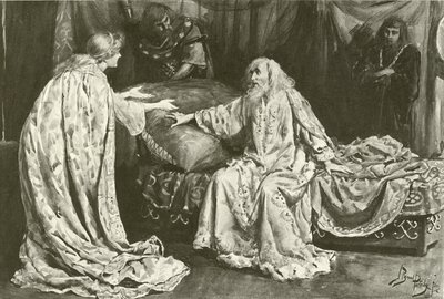 Fröken Ellen Terry som Cordelia, Henry Irving som kung Lear (gravyr) av Bernard Partridge