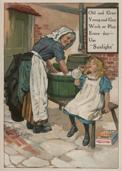 Ung flicka som blåser bubblor medan hennes mormor tvättar: reklam för Sunlight-tvål av Bernard Partridge