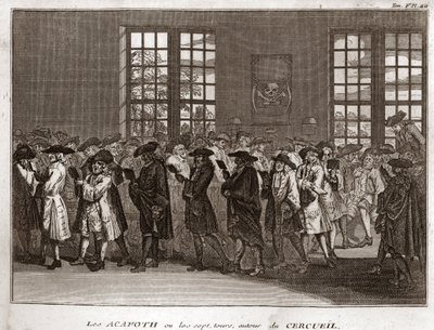 En församling av judiska sörjande som utför ""Acafoth"" vid en begravning Gravyr från "" Illustration av religiösa ceremonier och seder hos alla världens folk" av Bernard Picart (1723-1743) 1819 Privat samling av Bernard Picart