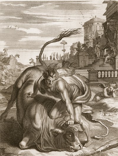 Achelous i form av en tjur besegrades av Hercules, 1731 av Bernard Picart