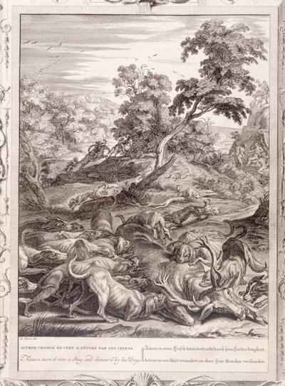 Actaeon förvandlades till en hjort och slukade av sina hundar, 1731 av Bernard Picart